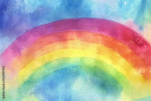 Vibrant watercolor rainbow arch against a soft, cloudy sky
