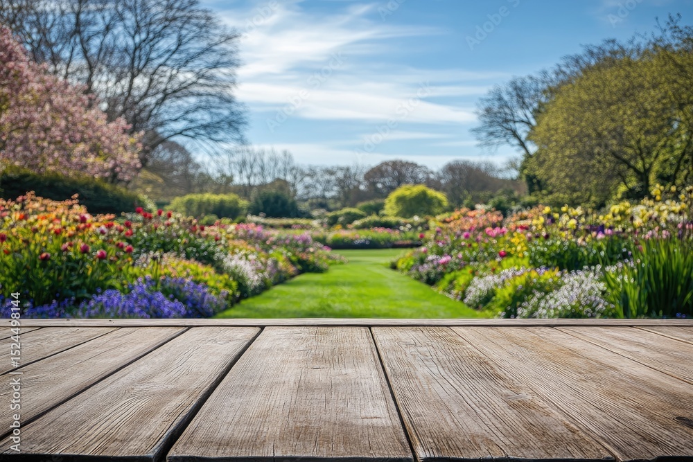 Fototapeta premium Vibrant floral garden scene with wooden foreground