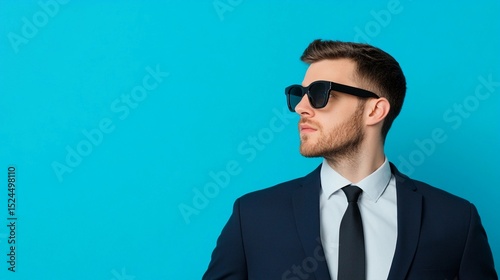 Business prospecting professional wearing a suit and sunglasses against a blue background with copy space