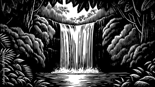 Black and white sketch vector of a misty rainforest waterfall deep in the Amazon jungle