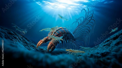 Diverse sea creatures swim gracefully in a deep ocean habitat. The environment showcases stunning blue waters and ethereal light filtering down, revealing wonders of marine life