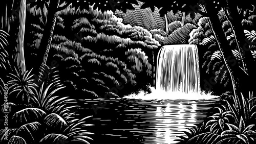 Black and white sketch vector of a misty rainforest waterfall deep in the Amazon jungle