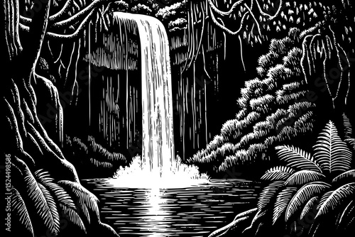 Black and white sketch vector of a misty rainforest waterfall deep in the Amazon jungle