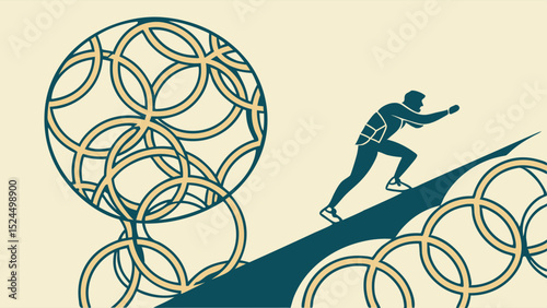 Businessman Ascending a Hill of Interlocking Rings