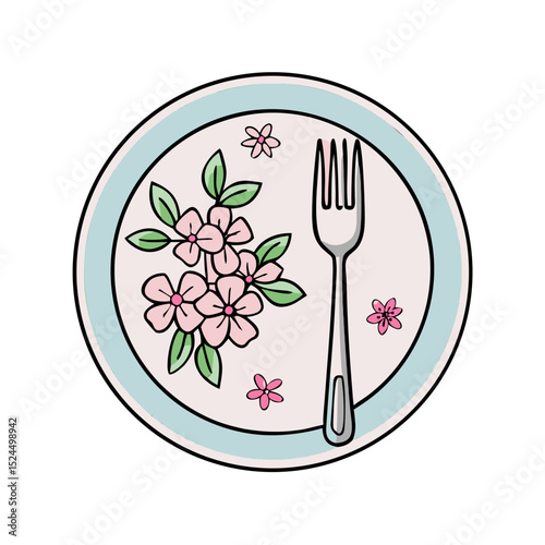 Floral pattern plate with cherry blossom branch and fork  