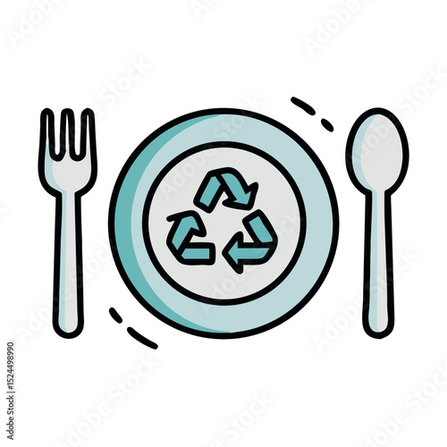 Recycled plastic plate with utensils featuring recycling symbol  