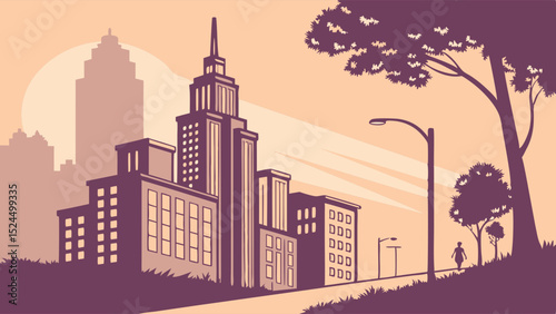 Cityscape Silhouette at Sunset with Pedestrian
