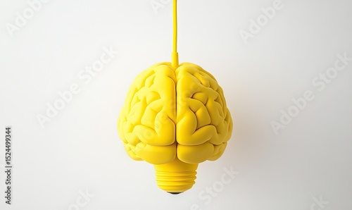 A yellow brain-shaped lightbulb hangs from a cord against a white backdrop