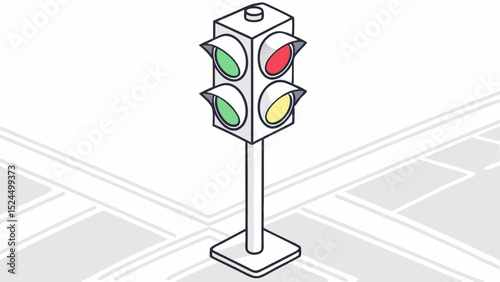 Isometric Illustration of a Traffic Light with Illuminated Signals