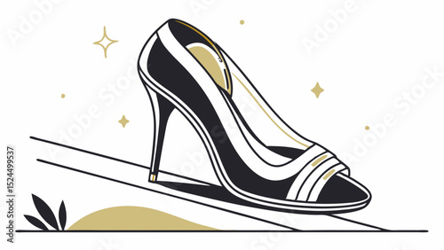 Stylized High Heel Shoe Illustration with Geometric Elements and Gold Accents