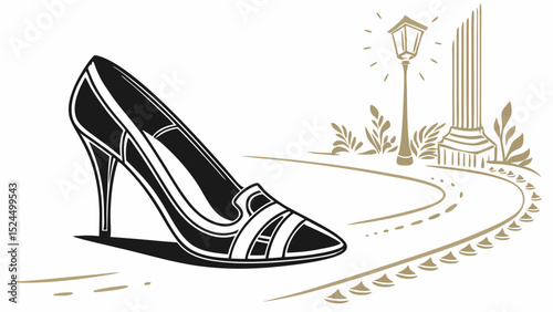 Elegant High Heel Shoe on a Path with Lamppost and Column