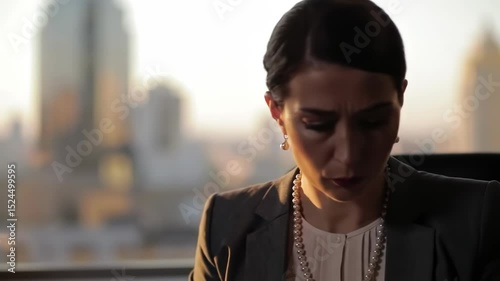 A businesswoman in formal attire is absorbed in her tasks at an office with a stunning skyline view at sunset. The warm light highlights her concentration and determination