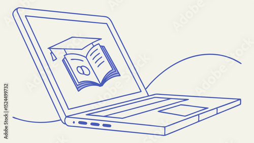 Online Education Laptop Displaying Graduation Cap and Book