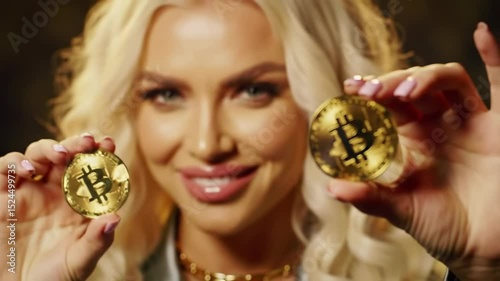 A woman with wavy blonde hair smiles as she holds a shiny golden object. Her makeup is flawless, and she exudes confidence in a vibrant atmosphere