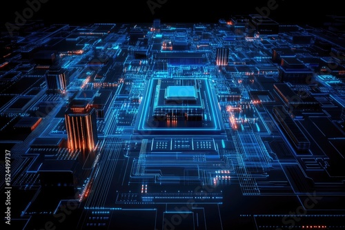 Glowing futuristic circuit board with central processor