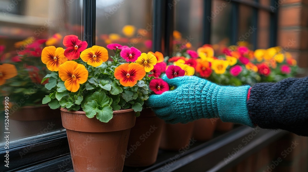 Obraz premium Colorful pansies in terracotta pots on a windowsill.