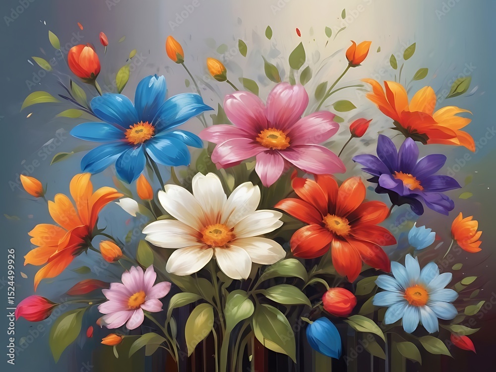 Fototapeta premium Vibrant Oil Painting of Colorful Flowers – Abstract Floral Art Background