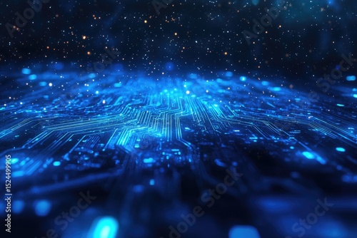 Glowing blue circuit board in deep space