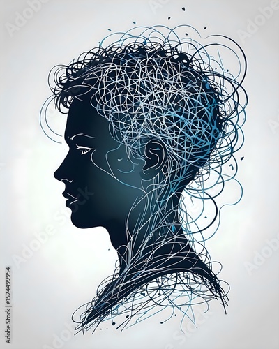 An Abstract Silhouette of a Person with Tangled Lines and Scribbles Coming Out of the Head, Representing Overthinking and Mental Overload