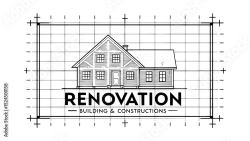 A modern construction logo showing a stylized orange house blueprint on a black grid system. The word "RENOVATION" appears below in bold, black sans-serif lettering, with the subtitle "BUILDING & CONS