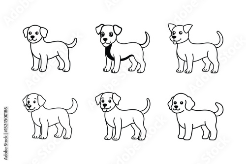 set of cute cartoon dog line art vector illustration