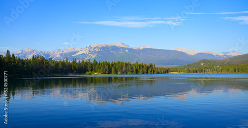 Reflection of Mount Colin on Lake Annette in the Jasper National Park before the 2024 wildfire in Alberta, Canada