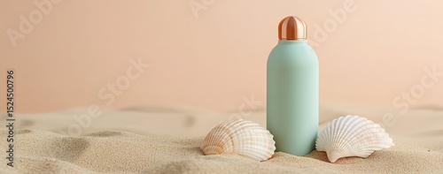 Pastel Green Water Bottle with Copper Lid on Beach Sand and Seashells – Minimalist Summer Concept