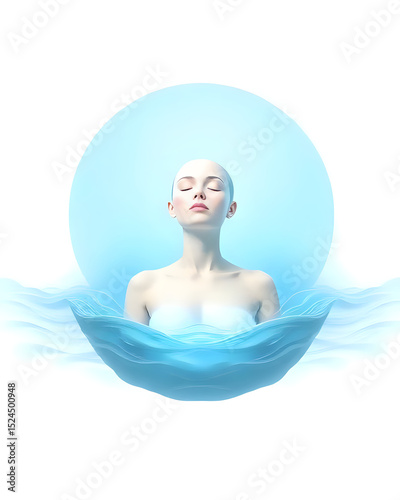 Meditation or Welness Theme, A peaceful Floating Woman Figure Surrounded by Soft Blue Light and Gentle Waves 