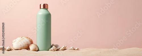 Pastel Green Water Bottle with Copper Lid on Beach Sand and Seashells – Minimalist Summer Concept