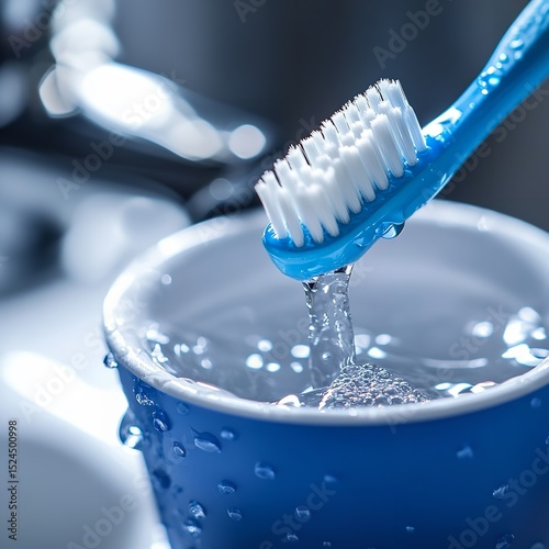 Close-Up of Blue Toothbrush with Water Droplets in Glass Cup on Bathroom Sink – Clean Hygiene Product Concept