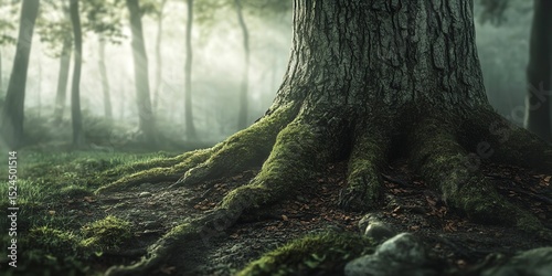 Ancient Tree Roots and Mossy Bark in a Misty Forest – Symbol of Nature’s Wisdom and Time