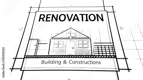 .Logo design featuring a bold, orange line-art house in the center of a black architectural grid. The text "RENOVATION" is in large, capitalized black letters, and "BUILDING & CONSTRUCTIONS" is in sma