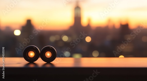 Black Fidget Spinners on Table with Blurred City Skyline and Sunset – Close-Up Product Shot
