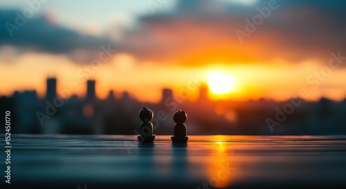 Two Figurines on Table with Sunrise City Skyline in Background – Serene Morning Scene