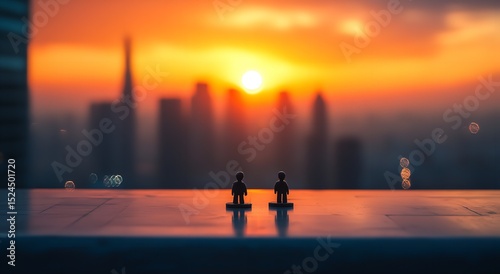 Two Figurines on Table with Sunrise City Skyline in Background – Serene Morning Scene