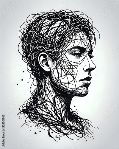 An Abstract Silhouette of a Person with Tangled Lines and Scribbles Coming Out of the Head, Representing Overthinking and Mental Overload
