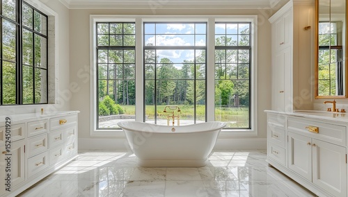 Luxurious White Marble Bathroom with Freestanding Tub and Gold Accents – Sunlit Modern Interior