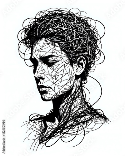 An Abstract Silhouette of a Person with Tangled Lines and Scribbles Coming Out of the Head, Representing Overthinking and Mental Overload