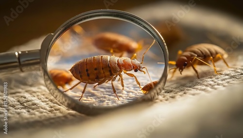 Bed Bug Tunnels Under Magnifying Glass on Fabric – Macro Shot with Insects in Background