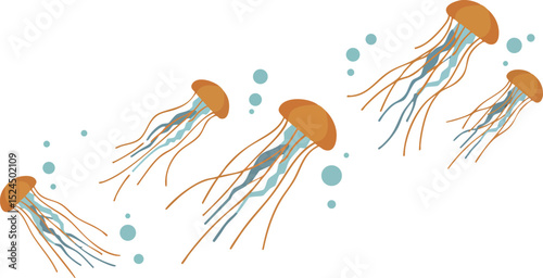 Jellyfish Vector Illustration with Orange Caps and Tentacles in Ocean Scene 