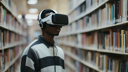 Black Male Student Using VR Glasses in University Library – Immersive Learning in Academic Setting