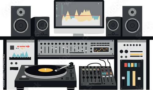 Music production studio setup with turntable mixer speakers and computer monitor vector illustration 
