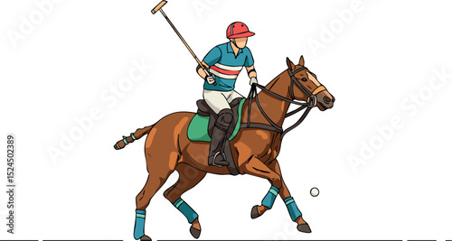 Polo player riding brown horse with blue gear and red helmet playing sport vector illustration 