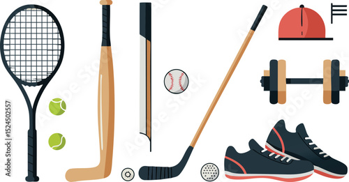 Sports Equipment Collection with Tennis, Baseball, Hockey, and Fitness Items Vector Illustration 