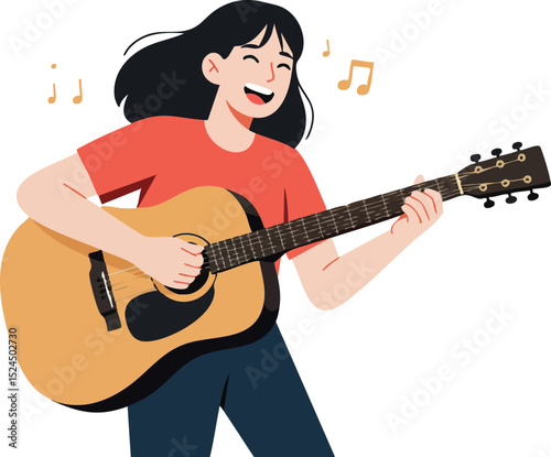 Woman playing acoustic guitar enjoying music with musical notes vector illustration 
