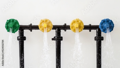 Four Water Spigots with Green, Yellow, and Black Pipes Spraying Water – Isolated on White Background