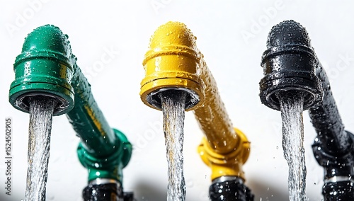 Colorful Pipes and Spraying Spigots on White Background – Plumbing and Water Flow Concept