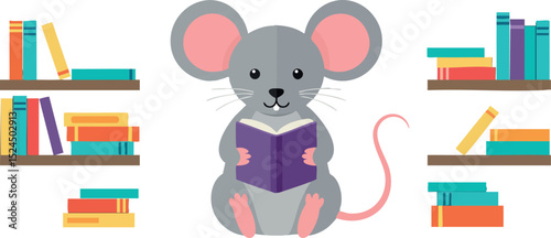 Cute mouse reading book surrounded by colorful bookshelves vector illustration 