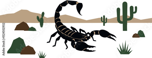 Black Scorpion Desert Wildlife Scene with Cacti and Rocks Vector Illustration 