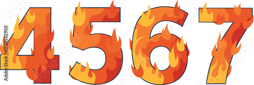 Fiery burning numbers four five six seven with flame effect vector illustration 